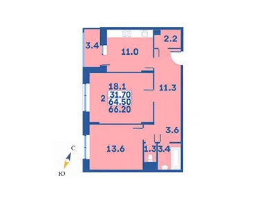 2-комнатная 66.20 кв.м, ЖК «Эдельвейс» (Первомайское), 8 870 800 руб.
