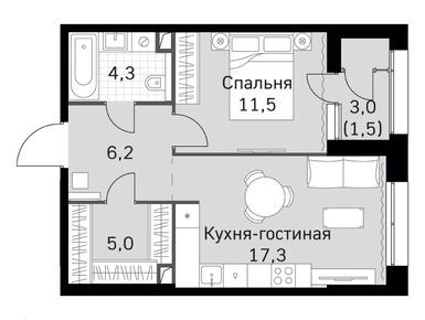 1-комнатная 45.80 кв.м, ЖК Sky Garden (Скай Гарден), 19 332 180 руб.