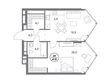 1-комнатная 61.80 кв.м, ЖК «Монблан», 60 231 400 руб.