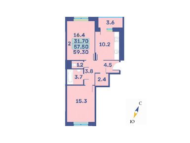 2-комнатная 59.30 кв.м, ЖК «Эдельвейс» (Первомайское), 8 539 200 руб.