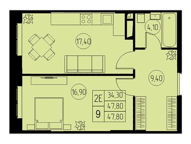 2-комнатная 47.80 кв.м, ЖК «31 квартал», 7 971 978 руб.
