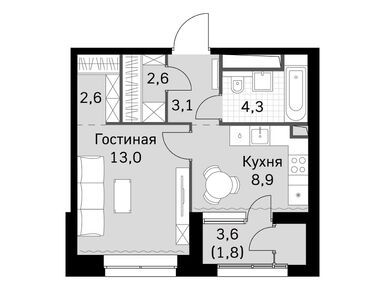 1-комнатная 36.30 кв.м, ЖК Sky Garden (Скай Гарден), 18 012 786 руб.