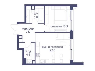 1-комнатная 53.30 кв.м, Клубный дом «Река», 61 135 100 руб.