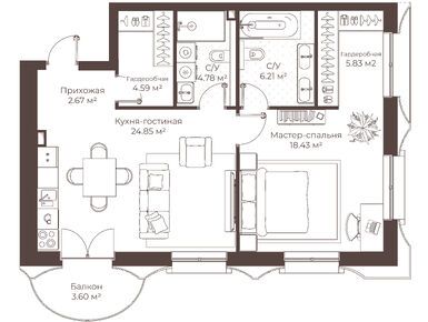 1-комнатная 68.44 кв.м, Клубный дом «Воронцовъ», 110 613 663 руб.