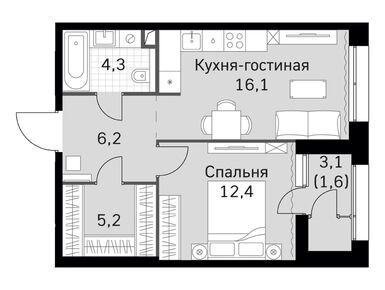 1-комнатная 45.40 кв.м, ЖК «Скай Гарден», 21 259 458 руб.