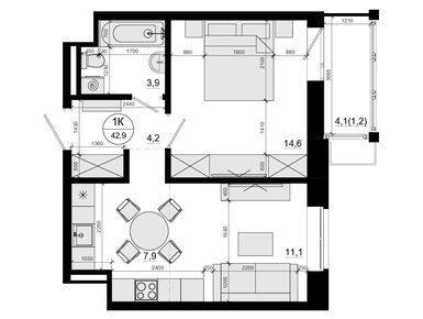 1-комнатная 42.90 кв.м, ЖК «Союзный», 10 387 000 руб.