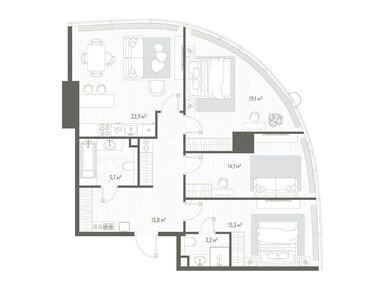 Планировки трехкомнатные в ЖК One (Уан)