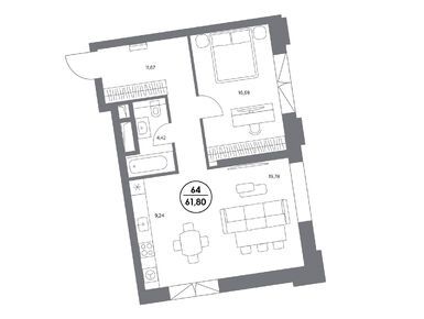1-комнатная 62.10 кв.м, Клубный дом «Космо 4/22», 102 006 100 руб.