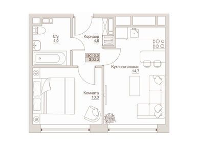 1-комнатные 33.30 кв.м, «Влюберцы» (СЗ САС), 7 307 685 руб.