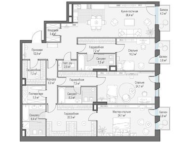 Планировки трехкомнатные в Клубный дом «Обыденский №1»
