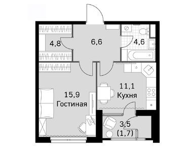 1-комнатная 42.60 кв.м, ЖК «Скай Гарден», 19 630 080 руб.