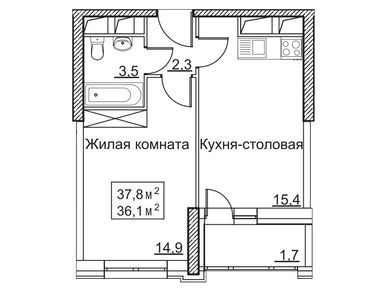 1-комнатная 37.80 кв.м, ЖК «Рассказово», 13 986 000 руб.