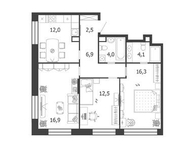 Планировки трехкомнатные в Жилой квартал «Шагал»