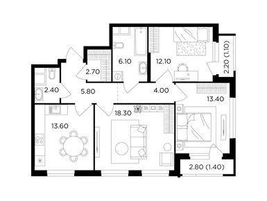 Планировки трехкомнатные в ЖК «Филатов луг»