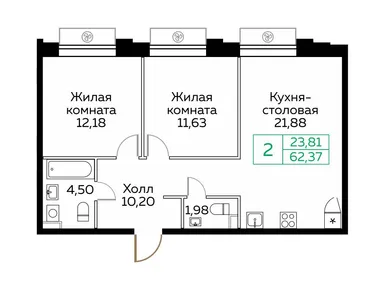 2-комнатная 62.30 кв.м, ЖК «Кит», 17 185 579 руб.