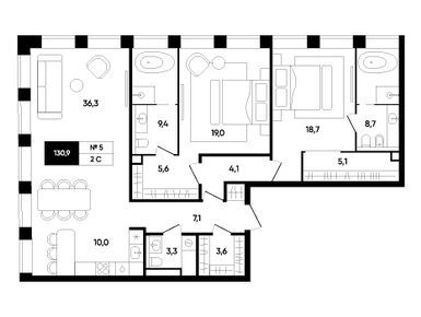 3-комнатная 130.90 кв.м, ЖК «Титул Империал», 344 955 930 руб.