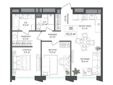 Планировки трехкомнатные в ЖК «Михалковский»