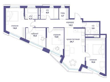 Планировки четырехкомнатные в Жилой квартал «Символ»
