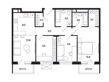Планировки трехкомнатные в ЖК «Базаева 11»