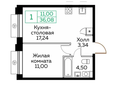 1-комнатная 36.00 кв.м, ЖК «Кит», 13 174 000 руб.