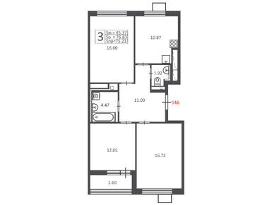 Планировки трехкомнатные в Жилой дом «Полярная ул., з/у 16»
