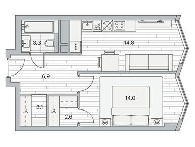 1-комнатная 43.50 кв.м, ЖК «Береговой-2», 30 119 487 руб.