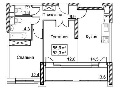 2-комнатная 55.90 кв.м, ЖК «Рассказово», 20 124 000 руб.