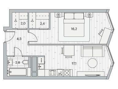 1-комнатная 44.60 кв.м, ЖК «Береговой-2», 27 370 128 руб.