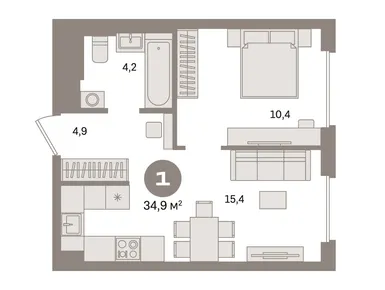 1-комнатная 34.90 кв.м, ЖК «Квартал Герцена», 17 300 000 руб.