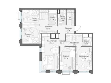 Планировки четырехкомнатные в ЖК TopHILLS (ТопХиллс)