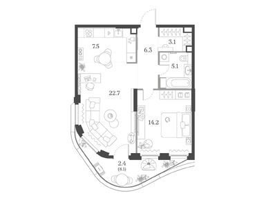 1-комнатная 61.30 кв.м, ЖК «Муза», 48 960 310 руб.
