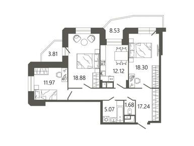 Планировки трехкомнатные в ЖК «Советская 18» («МЕССИЕР 18»)