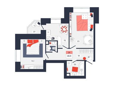 Планировки двухкомнатные в ЖК «Феникс»