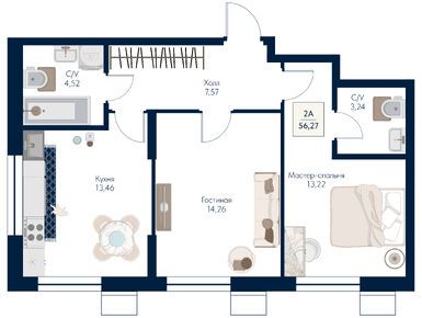 Планировки двухкомнатные в ЖК «Бархат»