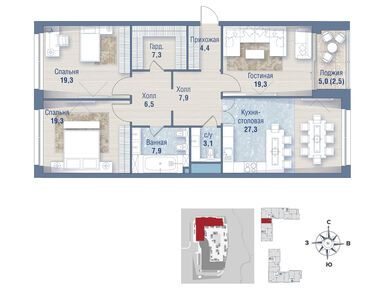 3-комнатная 126.90 кв.м, Клубный дом «Река», 190 000 000 руб.