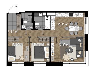 Планировки 3-к. апартаменты в «Зорге 9»