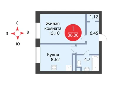 1-комнатная 36.00 кв.м, ЖК «Высокий берег», 6 192 000 руб.