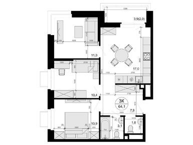 Планировки трехкомнатные в ЖК «Одинцовские кварталы»