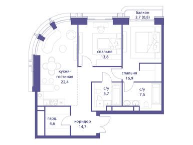 2-комнатная 86.50 кв.м, ЖК «Татарская 35», 125 598 000 руб.