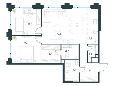 Планировки трехкомнатные в Левел Бауманская