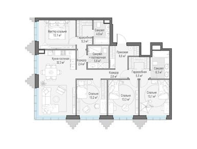 Планировки четырехкомнатные в Элитный квартал «Тишинский бульвар»