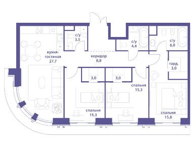 Планировки трехкомнатные в ЖК «Татарская 35»