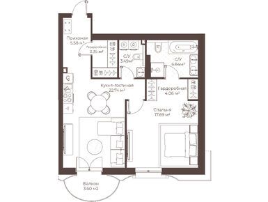 1-комнатная 64.63 кв.м, Клубный дом «Воронцовъ», 103 840 837 руб.