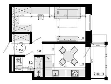 1-комнатная 34.70 кв.м, ЖК «Союзный», 9 995 000 руб.
